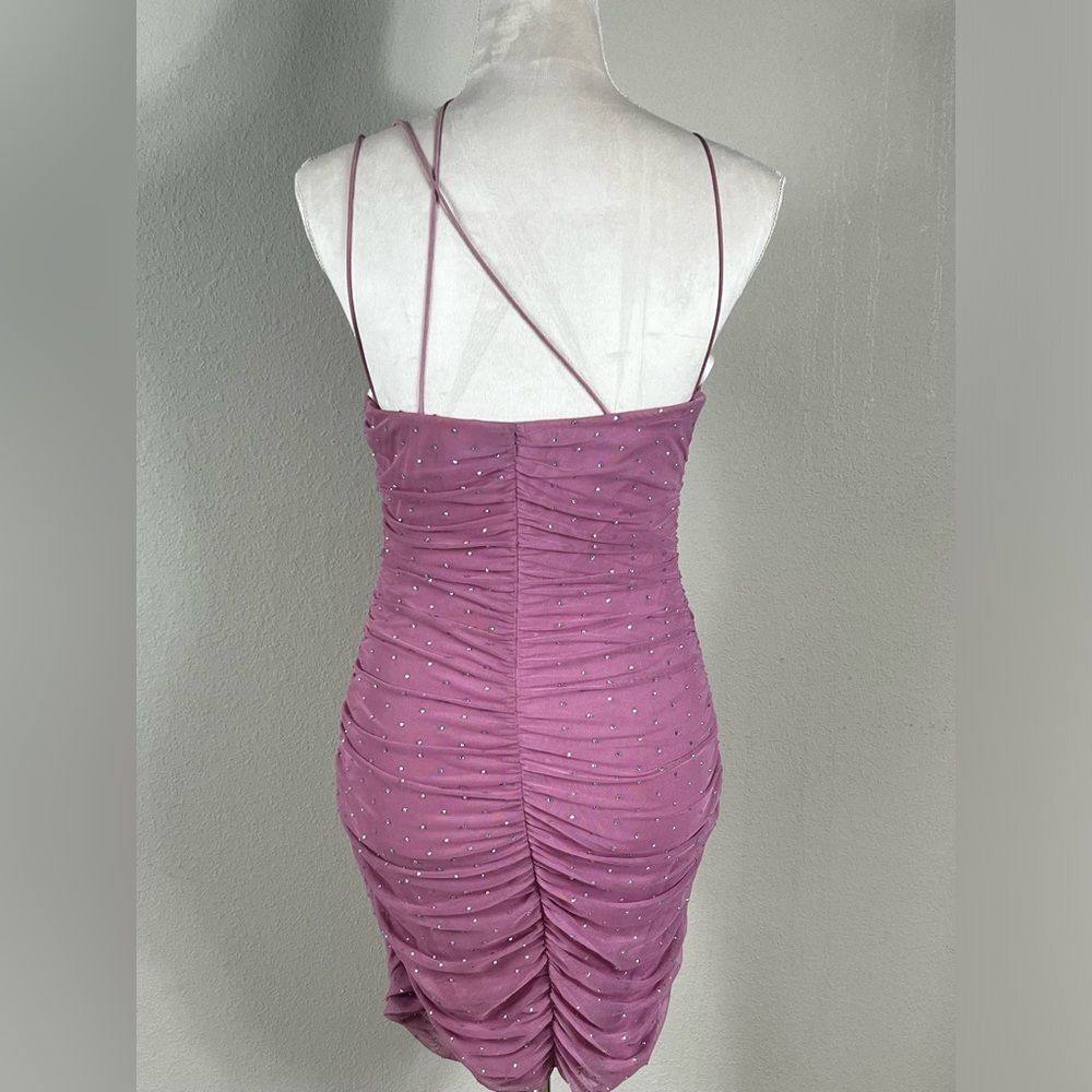 Pink Rhinestone Ruched Mini Dress - Picture 2 of 5